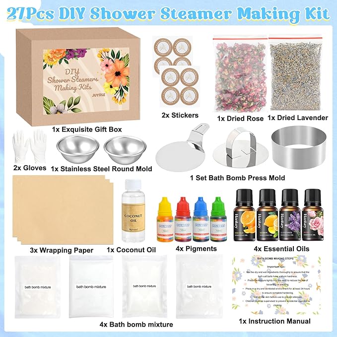 JUYRLE Bath Bomb Making Kit- 49Pcs DIY Bath Bomb Kit for Aldult, Make Your Own Shower Bombs, Spa Craft Kits with Bath Bomb Press, Molds, Bath & Bathing Making Supplies Gifts for Mom Women