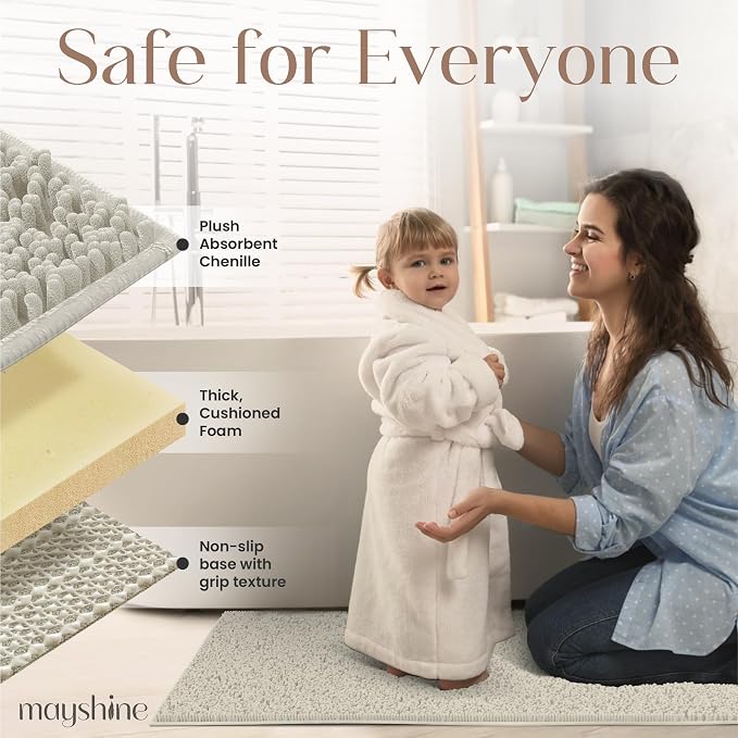 MAYSHINE Plush Shaggy Chenille Bath Mat, 71"x31" Runner, Extra Soft, Super Absorbent, Non-Slip Bathroom Rug, Fluffy Microfiber, Area Rug Sets for Bathroom Floor, Kitchen, Living Room, Wax White