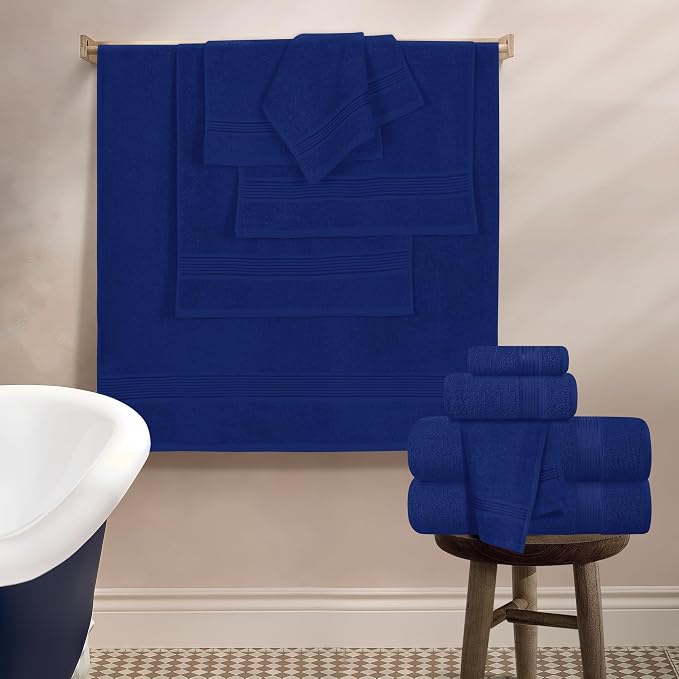 Belizzi Home 100% Cotton Towel Set, Contains 6 Soft Bath Towel, 6 Hand Towels, 12 Wash Cloths - Compact Absorbent Lightweight & Quickdry Towels for Bathroom - 24 Piece Bathroom Towel Set - Navy Blue