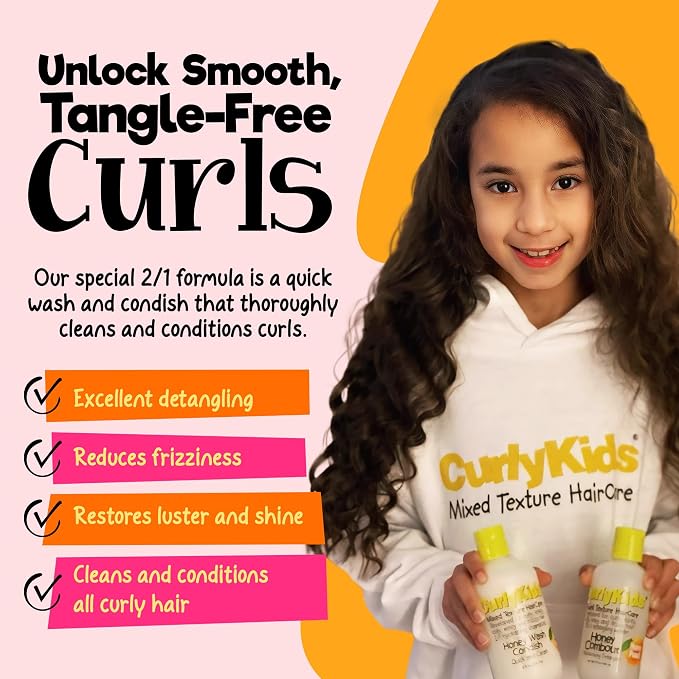 CurlyKids Honey Wash Condish 2-in-1 Hydrating Shampoo & Conditioner for Kids – Sulfate-Free Kids Hair Care for Curly, Kinky, Coily & Wavy Hair Moisturizing & Detangling Curl Shampoo, 8oz (Pack of 1)