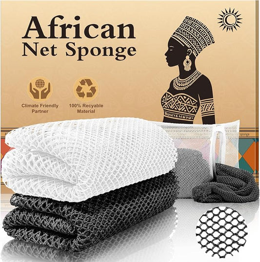 Authentic African Net Sponge (2PCS) - Exfoliating Bath Tool, Face/Body Exfoliator, Travel Compact, Long-Lasting & Hypoallergenic(Black,White)