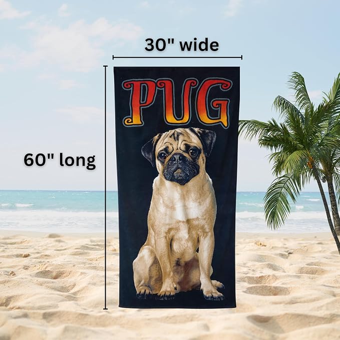 Pug Beach Towel 30”x60” – 100% Cotton Velour, Highly Absorbent, Fast Drying, Easy Pack for Spring Break, Vacation, Beach, Pool, or Sunbathing – Lightweight, Compact for Travel – Cute Pet Novelty Gift