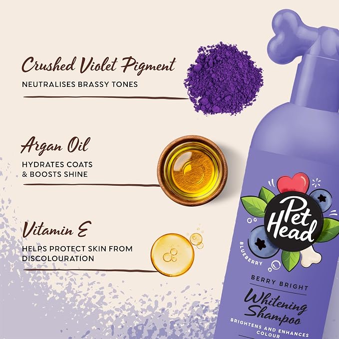 Pet Head Berry Bright Whitening & Colour Enhancing Dog Shampoo | Blueberry Scent | for Brightening White and Light Dog Coats | Neutralizes Yellow and Brassy Tones | Suitable for Puppies | 16 fl. oz.
