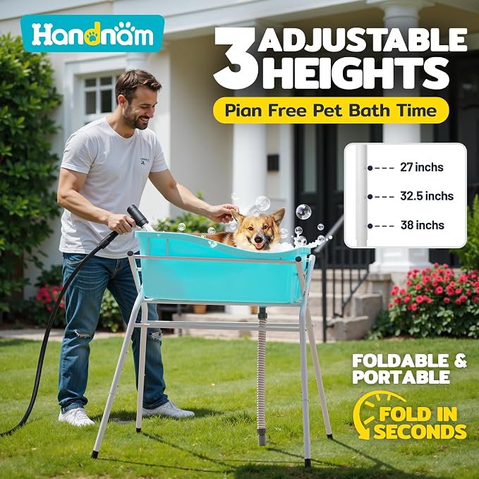 Dog Bath Tub, Portable Dog Washing Bathing Station, Elevated Foldable Dog Bath for Shower and Grooming, 3 Adjustable Height Pet Tub for Small and Medium Size Dogs, Indoor and Outdoor