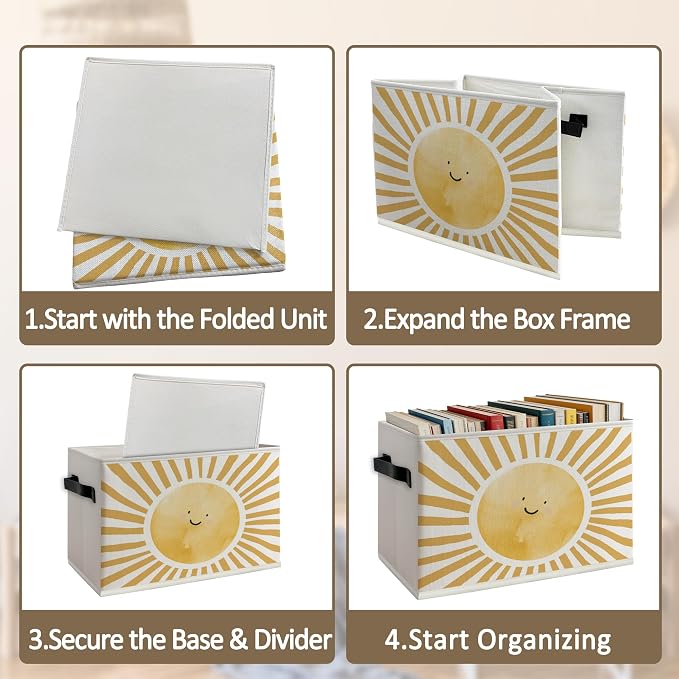 Boho Sunshine Classroom Foldable Storage Bins Box with Handles, Cute Boho Abstract Sunshine Collapsible Organizer Basket for Kids Nursery Classroom Playroom Toys Books
