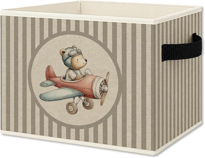 Bear Airplane Nursery Foldable Storage Bins Box with Handles, Neutral Striped Airplane Aviator Bear Collapsible Organizer Basket for Kids Boys Bedroom Bathroom Playroom Clothes Books