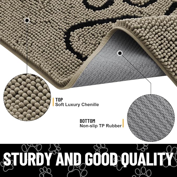 Smiry Dog Door Mat for Muddy Paws, Absorbent Dirt Trapper Non Slip Quick Dry Washable Chenille Mat for Mud Dogs, Entry Rug for Indoor and Outdoor (48x30 Inches, Warm Taupe and Black)