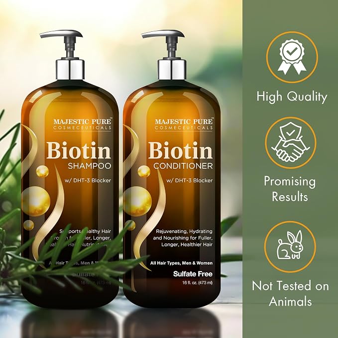 Majestic Pure Rosemary Castor & Biotin Shampoo and Conditoner-16fl oz each | Hair Thinning & Volumizing Shampoo for Hair Loss and Body for 72+ Hours - with DHT-3 Blocker Sulfate Free and Vegan Formula