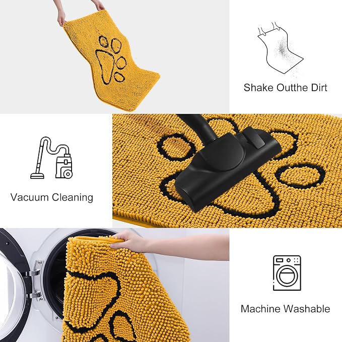 Smiry Dog Door Mat for Muddy Paws, Absorbent Dirt Trapper Non Slip Quick Dry Washable Chenille Mat for Mud Dogs, Entry Rug for Indoor and Outdoor (30x20 Inches, Golden Yellow and Black)