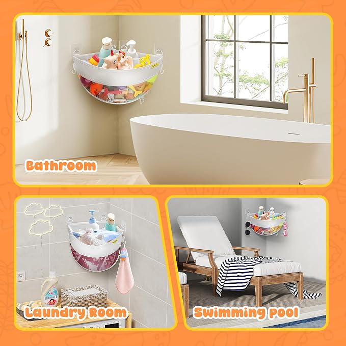 Bath Toy Storage Corner Wall Mounted, 4.32 Gallons Bath Toy Holder, Bottom Zipper Mesh Bathtub Toys Storage Organizer Bag, Quick Access Baby Shower Caddy Quick Dry Bathtub Toys Holder Accessory