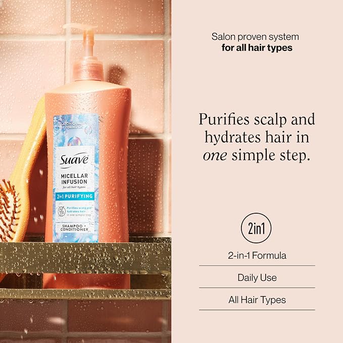 Suave Micellar Infusion 2-in-1 Purifying Shampoo + Conditioner, Gently Cleanses & Conditions for Manageable Hair, Daily Use for All Hair Types, 28 FL OZ Pump, 4 Count (Pack of 2)