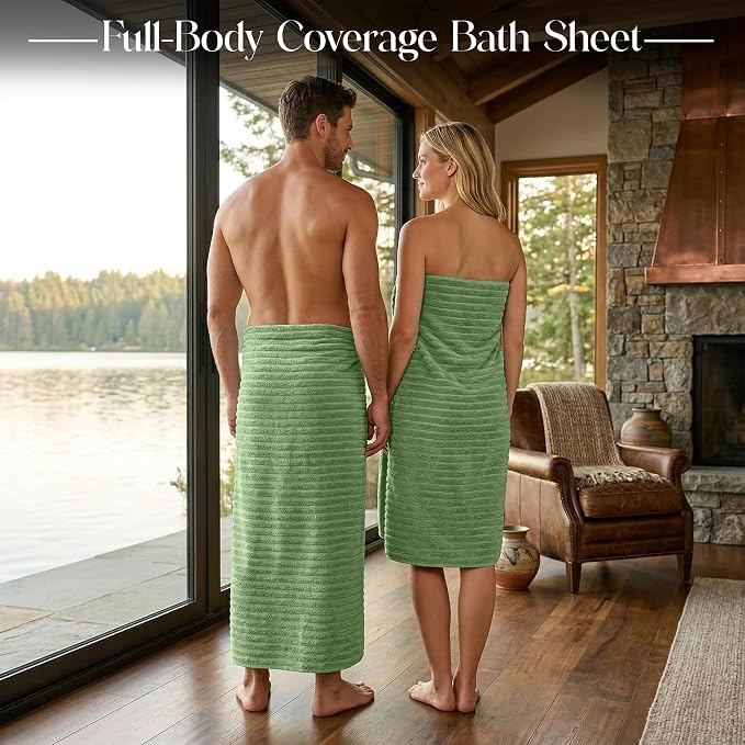 RIVERSIDE Pack of 2 Extra Large Bath Sheet Towels, 35 x 70 Inches, 600 GSM, Ribbed Stripe, 100% Cotton - Super Soft, Highly Absorbent & Quick Dry for Bathroom, Spa & Hotel, Sage Green
