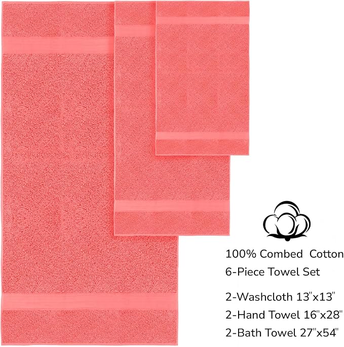 Feather & Stitch 100% Cotton Bath Towel Set of 6, 625 GSM Ultra Soft Highly Absorbent 2 Bath Towels, 2 Hand Towels & 2 Washcloth - Luxury Quick Dry Shower Towels. (Fresh Salmon)