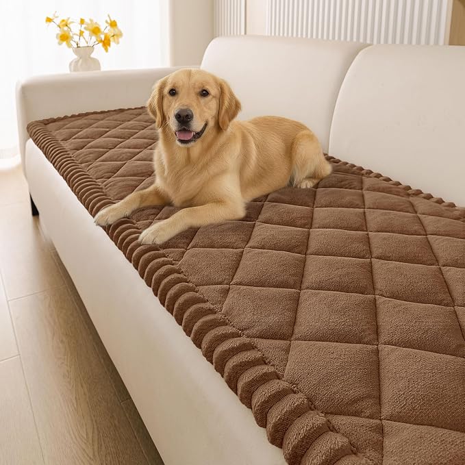 Smiry Couch Cover for Dogs, Non Slip Washable Pet Sofa Protector for Large Dogs, Cats, Fuzzy Plush Sofa Covers for 3 Cushion Couch, Against Fur, Dirt & Scratch Resistant, Brown, 27.6"×95"