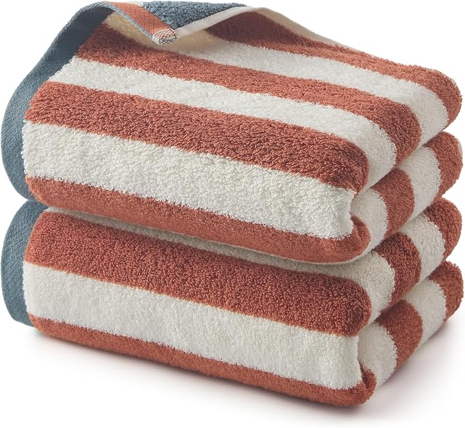 REDKISS Brown Striped Hand Towels for Bathroom, Kitchen Decor, Guest Use, Ultra Soft and Highly Absorbent for Kids Adults, 100% Cotton, 12” x 28”, 2 Pack