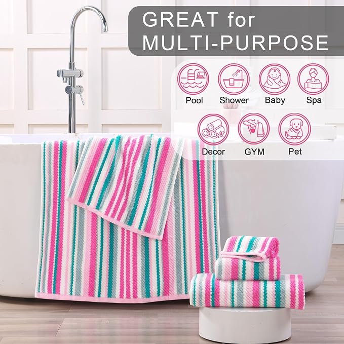 VOOVA & MOVAS Cotton Hand Towels Set of 4, 16"x27" - Quick Dry, Soft & Absobent & Lightweight, Striped Hand Towels for Bathroom & Showering, Luxury Towel Gift Set, Pink and Teal Stripe