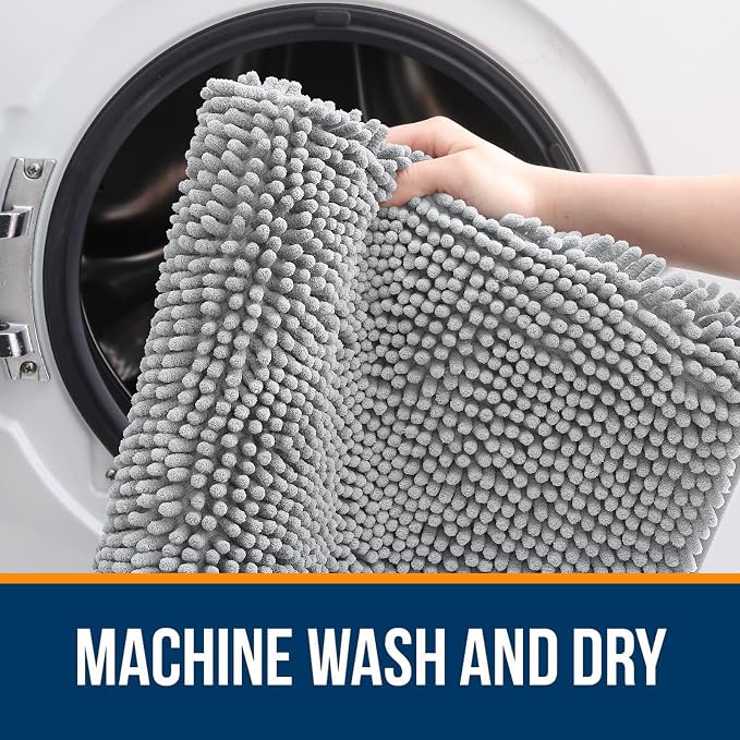 OLANLY Bathroom Rugs 30x18, Extra Soft Absorbent Chenille Bath Rugs, Rubber Backing Quick Dry, Machine Washable Bath Mats for Bathroom Floor, Tub and Shower, Home Decor Accessories, Light Grey