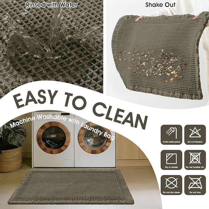 Upgraded Waffle Bath Mat, 36"x24" Greyish Green-Bordered, Super Absorbent Non-Slip Quick Dry Bathroom Rugs with Tassels, Machine Washable Ultra Soft Boho Bath Rugs, Toilet Mats Boho Farmhouse Decor