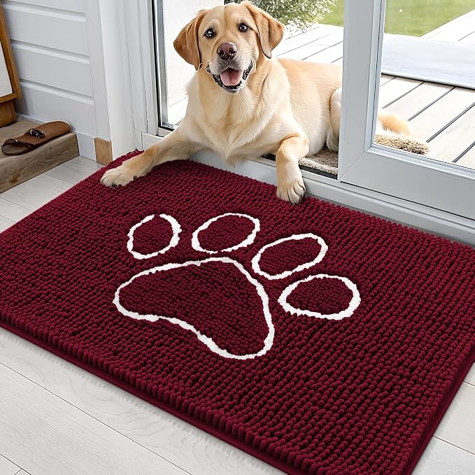 OLANLY Dog Door Mat for Muddy Paws 70x35, Paw Print Design, Absorbs Moisture and Dirt, Absorbent Non-Slip Washable Doormat, Quick Dry Chenille Mud Mat for Dogs, Entry Indoor Entryway Carpet, Burgundy