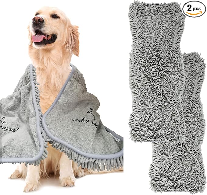 Patas Lague 2 Pack Absorbent Dog Towel for Drying Dogs Large, 35''x15'' Extra Large Microfiber Quick Drying Pet Bath Towel with Hand Pockets, Machine Washable Pet Shammy 2Grey