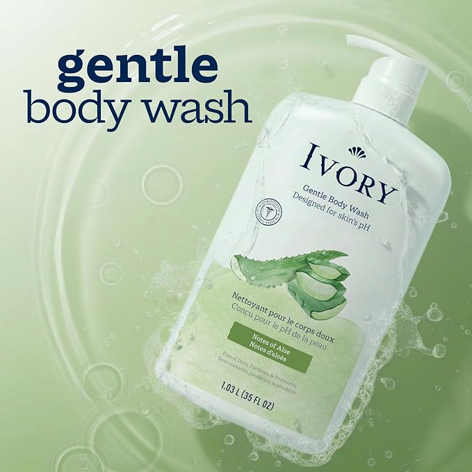Ivory Gentle Body Wash, Designed for the Whole Family, Free of Dyes Heavy Perfumes Parabens Phthalates & Silicones, Aloe Scent, 35 oz