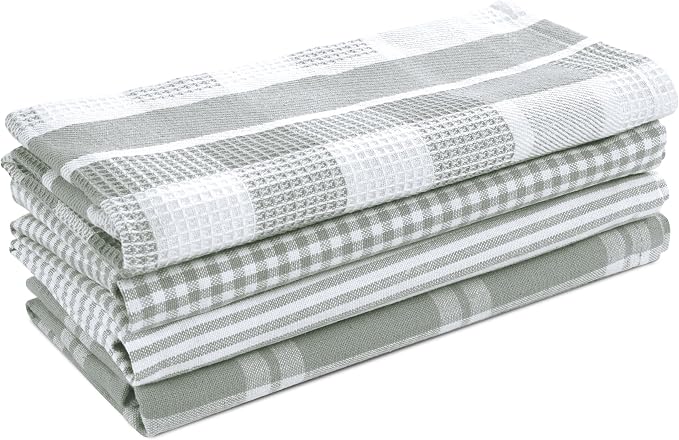 LANE LINEN 100% Cotton Kitchen Dish Cloths, Ultra Soft Absorbent Quick Drying Dish Towels, Multiweave Wash Cloths Dish Towel Sets, 13x28 Inches, 4 Pack - Grey