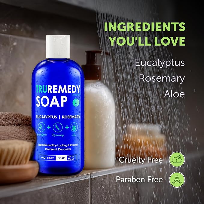 Truremedy Naturals Eucalyptus Rosemary Body Wash - Refreshing & Hydrating Shower Gel for Men and Women – Plant-Based Cleanser - Organic Eucalyptus, Rosemary, Jojoba, Aloe - 12oz