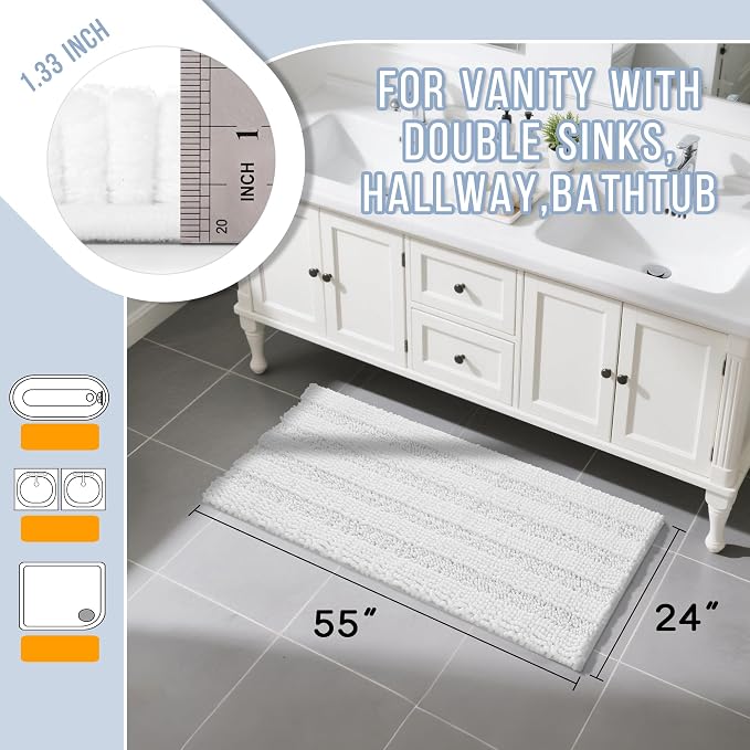 Yimobra Bathroom Runner Rugs 55"x24", Non Slip and Absorbent Bath Mat, Super Soft Water Absorbent Hallway Carpet, Machine Washable Rug for Vanity Tub Shower, White