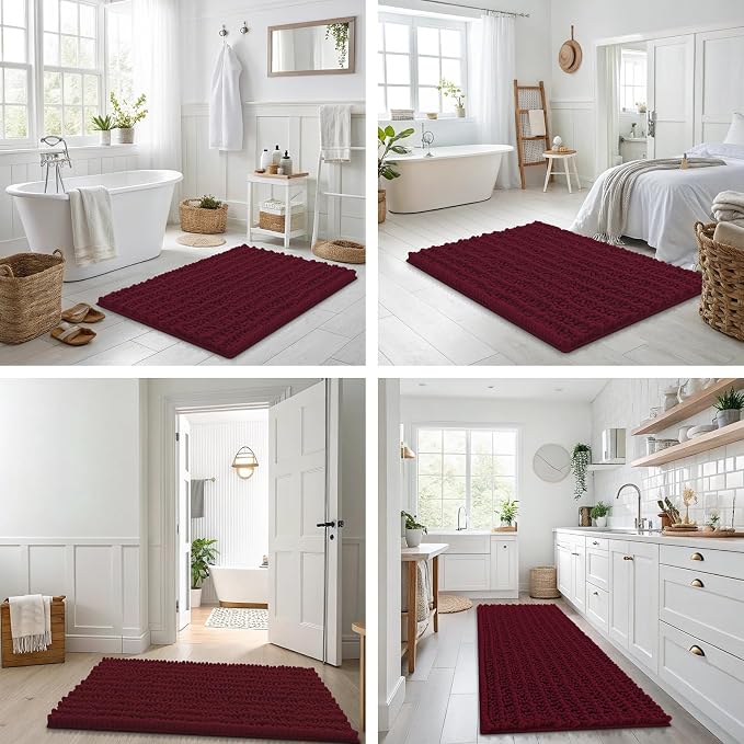 Smiry Bathroom Rugs Mat 47x24, Extra Soft Absorbent Chenille Bath Rugs, Non Slip Rubber Backing Machine Washable Quick Dry Bath Mats for Bathroom Floor, Tub, Shower, Home Decor Accessories, Burgundy