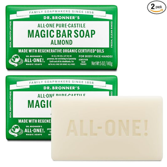Dr. Bronner's Pure-Castile Magic Bar Soap - Made with Regenerative Organic Certified Oils - For Face, Body, Hair - Gentle Cleanse - Vegan Bath Soap Bars for Men & Women - Almond, 2 pack, 5 oz