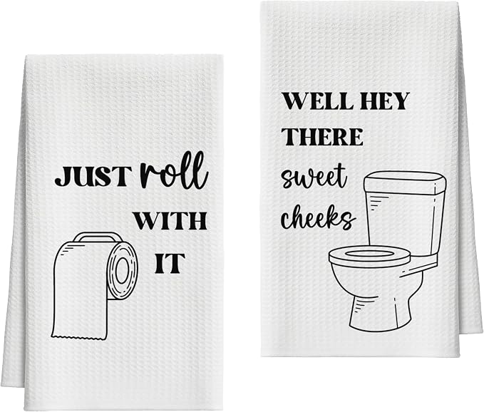 Bath Towels Set of 2, Funny Toilet Roll Dish Towel for Bathroom Spa Kitchen, Just Roll with It Decorative Hand Towels, Fast Drying Tea Towel, Housewarming Xmas Gifts for Women Mom -B35