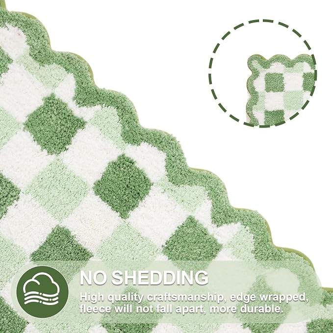 ORTIGIA Cute Green Checkered Scalloped Bath Mat, Fun Plush Microfiber Bathroom Rugs Non Slip Washable Quick Dry Absorbent, Bath Rug Carpet for Shower Stall Vanities Kitchen Floor Entrance, 20x32