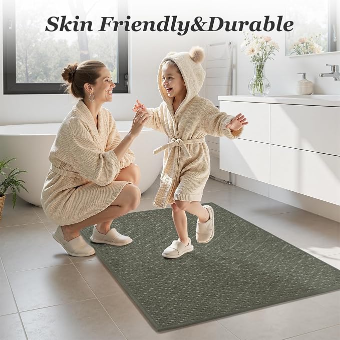 AMOAMI Thin Bath Mat, Super Absorbent Bath Mats for Bathroom, Quick Dry Rubber Backed Bath Rug Non Slip, Chenille Surface Thin Bathroom Rugs Fit Under Door,Low Pile Shower Rug,Green,20" x 32"