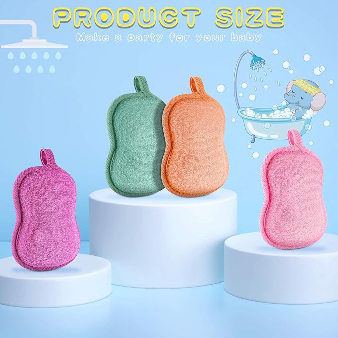 Tatuo 4 Pieces Baby Bath Sponge Soft Comfy Cotton Baby Sponge Toddler Absorbent Loofah for Kids Babies Boy Girl(Red, Purple, Green, Orange)