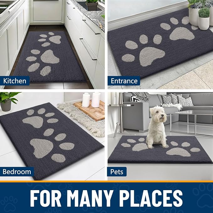 Smiry Dog Door Mat for Muddy Paws, Absorbs Moisture and Dirt, Low-Profile Entryway Mat with Non-Slip Backing, Entry Indoor Outdoor Doormat for Inside Floor (59x35 Inches, Dark Grey, Paw