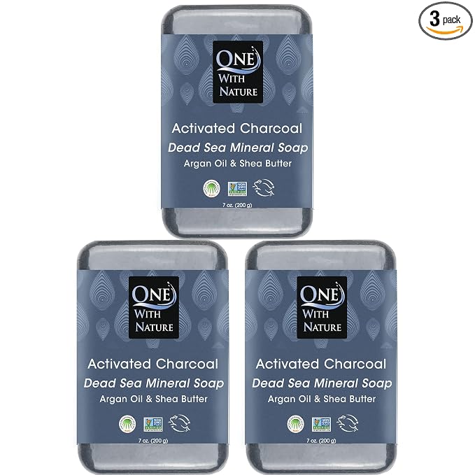 One With Nature Activated Charcoal Soap 7oz 3-Pack – Detoxifying and Exfoliating Charcoal Soap Bar with Dead Sea Salt for Face & Body, for Men & Women