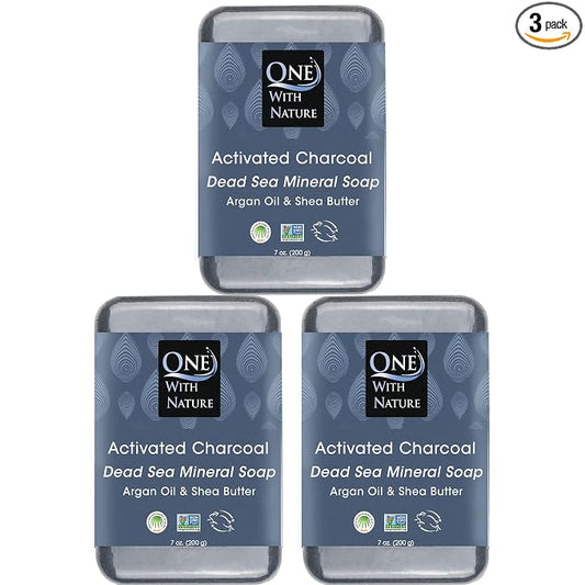 One With Nature Activated Charcoal Soap 7oz 3-Pack – Detoxifying and Exfoliating Charcoal Soap Bar with Dead Sea Salt for Face & Body, for Men & Women