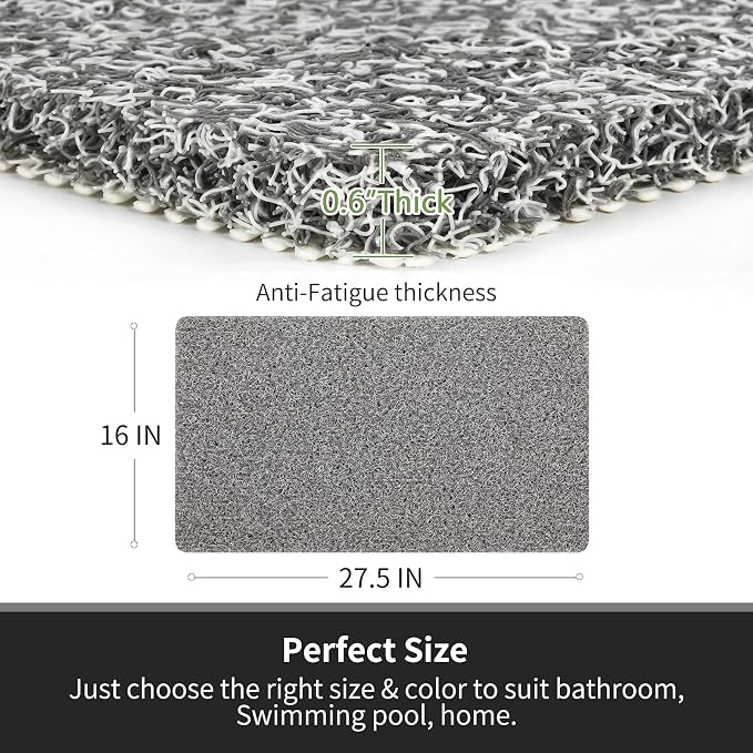 0.6" Extra Thick Non Slip Shower Mat, PVC Loofah Shower Mat with Drain, Quick Drying Bath Mat for Inside Shower, Bathtub Mats Foot Scrubber for Elderly, Bathroom, Kitchen, Wet Areas(Grey 16x27)