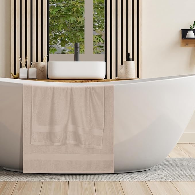 BOUTIQUO Cotton 2 Pack Oversized Bath Towel Set, Large Bath Towels 27x54, Ultra Soft, Absorbent, Compact, Quick Drying and Lightweight, Eco-Friendly and 100% Recyclable Towel Set - Tan