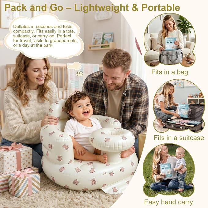 Inflatable Baby Seat for Babies 3-36 Months, Baby Chair with Fence & Built in Air Pump, Blow Up Floor Baby Seat with Back Support, Inflatable Baby Chair Sit Me Up for Home Bear-Tray