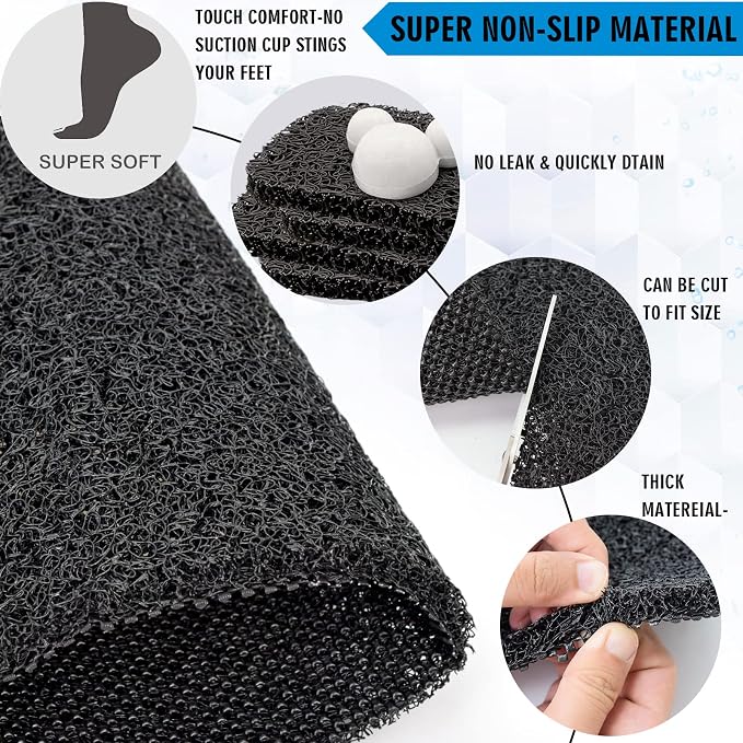 godehone Shower Mats Non Slip Without Suction Cups, PVC Loofah Bathroom Mats, Loofah Mats for Shower and Bathroom, Quick Drying, 15.7× 36 Inch, Black