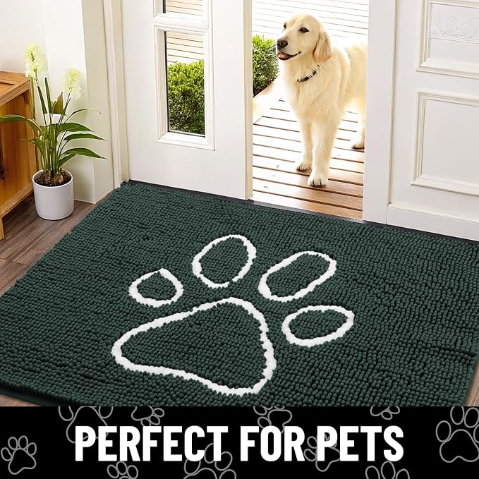 Smiry Dog Door Mat for Muddy Paws, Absorbent Dirt Trapper Non Slip Quick Dry Washable Chenille Mat for Mud Dogs, Entry Rug for Indoor and Outdoor (24x16 Inches, Green and White)