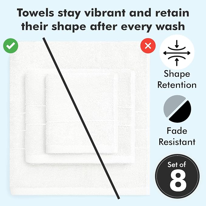 Bath Towels Set of 8 – 100% Ring Spun Cotton (White) Bathroom Towel Set Bale Includes 2 Bath, 2 Hand, 4 Face Towels – 550 GSM Soft, Absorbent & Quick Dry Towel for Bathroom, Spa, Kitchen, Hotel Use