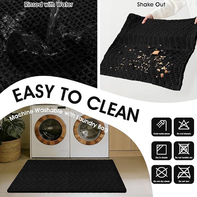 Upgraded Waffle Bath Mat, 36"x24" Black-Herringbone, Super Absorbent Non-Slip Quick Dry Bathroom Rugs with Tassels, Machine Washable Ultra Soft Boho Bath Rugs, Toilet Mats Boho Farmhouse Decor