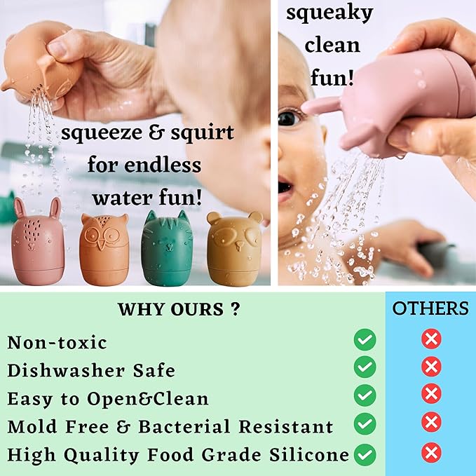 Bumble Bear Mold Free Silicone Bath Toys, Baby Bath Toys 6-12 Months, Toddlers 1-3, Non Toxic Infant Bathtub Toy, Water Toys, Pool Toy, Dishwasher Safe (Coral)