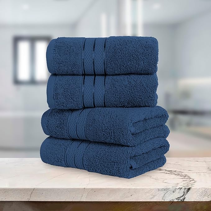 Elegant Comfort Three Line Popcorn Towel Set for Bathroom 16 x 28 inches, Premium Hotel Quality 4-Pack Hand Towels, 100% Turkish Cotton, Soft and Durable, Quick Dry and Highly Absorbent, Navy Blue