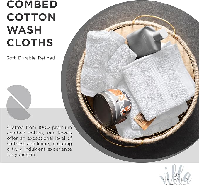 Cotton Washcloths Set of 6, 12x12 Inch, 100% Ring-Spun Combed Cotton, Soft Absorbent Quick-Dry Wash Cloths for Face and Body, Oeko-TEX Certified, Hotel & Spa Quality, White