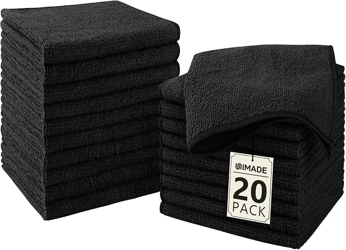 UNIMADE Washcloths - 20 Pack - Face Towels (12" x 12"), Highly Soft Wash Cloths and Hand Towels, Fast Drying Multi-Purpose Microfiber Cleansing Cloths for Bathroom, Hotel, Spa, and Salon - Black