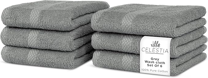 Cotton Washcloths Set of 6, 12x12 Inch, 100% Ring-Spun Combed Cotton, Soft Absorbent Quick-Dry Wash Cloths for Face and Body, Oeko-TEX Certified, Hotel & Spa Quality, Grey