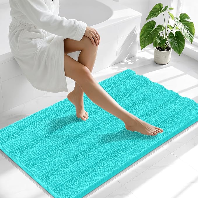 Smiry Thick Chenille Bathroom Runner Rugs 44x24, Extra Absorbent Striped Bath Mat, Machine Washable, Rubber Backing, Long Bath Rugs for Tub & Shower, Modern Home Decor Accessories, Teal